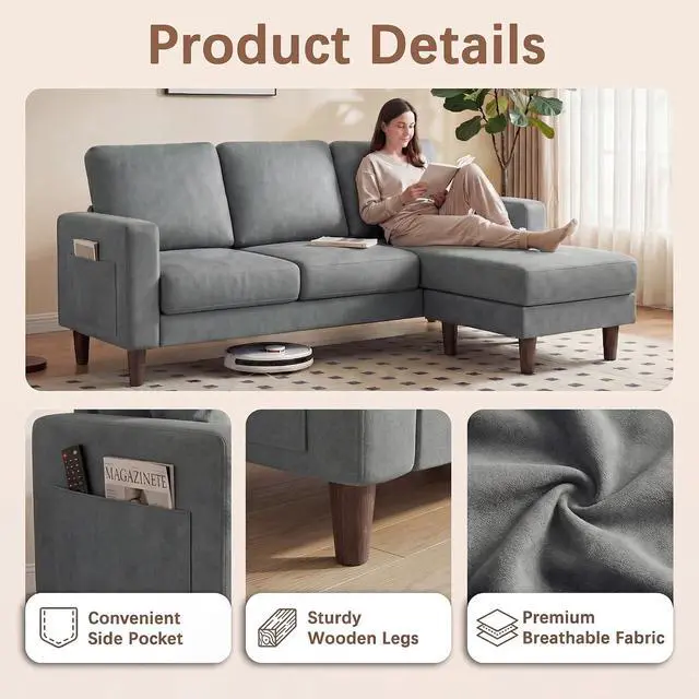 Alt view image 4 of 7 - Sectional Couch with Movable Ottoman, Convertible L Shaped Sofa with Side Storage Pocket, 3 Seater Linen Couches for Living Room, Apartment & Office (Light Gray, Linen Fabric)