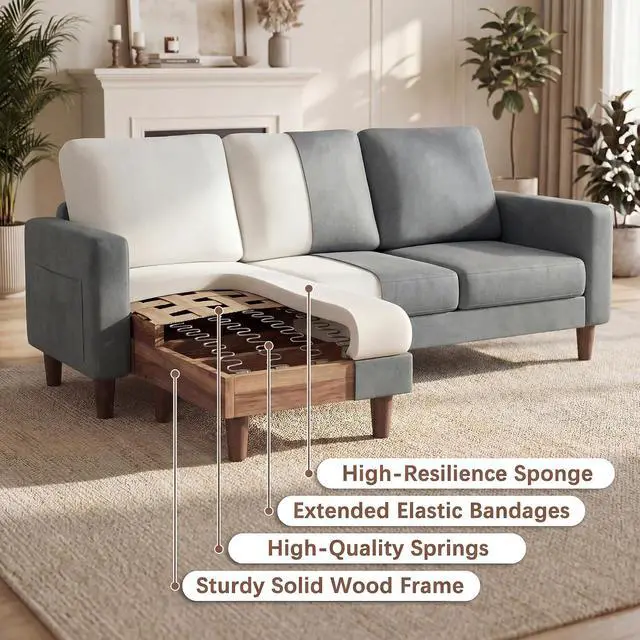 Alt view image 5 of 7 - Sectional Couch with Movable Ottoman, Convertible L Shaped Sofa with Side Storage Pocket, 3 Seater Linen Couches for Living Room, Apartment & Office (Light Gray, Linen Fabric)