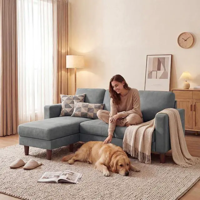Alt view image 7 of 7 - Sectional Couch with Movable Ottoman, Convertible L Shaped Sofa with Side Storage Pocket, 3 Seater Linen Couches for Living Room, Apartment & Office (Light Gray, Linen Fabric)