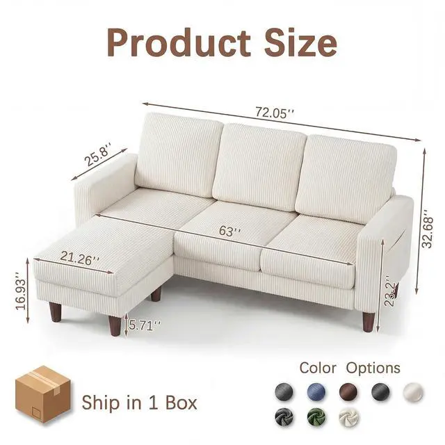 Alt view image 2 of 7 - Sectional Couch with Movable Ottoman, Convertible L Shaped Sofa with Side Storage Pocket, 3 Seater Corduroy Couches for Living Room, Apartment & Office (Beige, Corduroy)