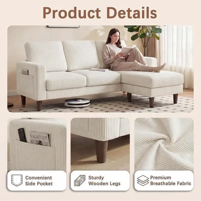 Alt view image 4 of 7 - Sectional Couch with Movable Ottoman, Convertible L Shaped Sofa with Side Storage Pocket, 3 Seater Corduroy Couches for Living Room, Apartment & Office (Beige, Corduroy)