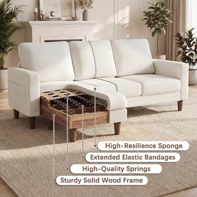 Alt view image 5 of 7 - Sectional Couch with Movable Ottoman, Convertible L Shaped Sofa with Side Storage Pocket, 3 Seater Corduroy Couches for Living Room, Apartment & Office (Beige, Corduroy)
