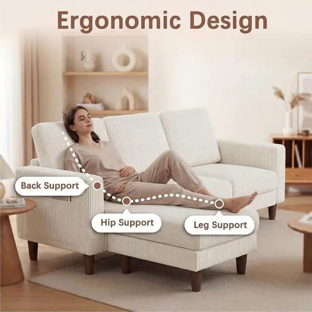Alt view image 6 of 7 - Sectional Couch with Movable Ottoman, Convertible L Shaped Sofa with Side Storage Pocket, 3 Seater Corduroy Couches for Living Room, Apartment & Office (Beige, Corduroy)