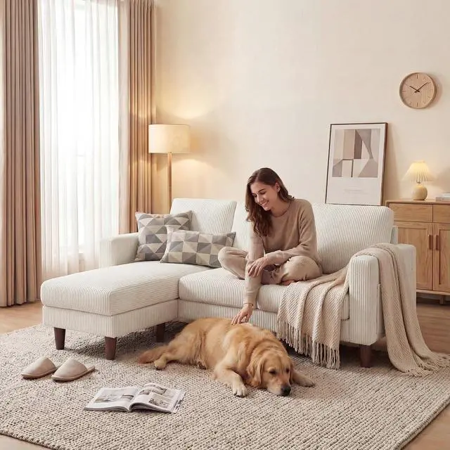 Alt view image 7 of 7 - Sectional Couch with Movable Ottoman, Convertible L Shaped Sofa with Side Storage Pocket, 3 Seater Corduroy Couches for Living Room, Apartment & Office (Beige, Corduroy)