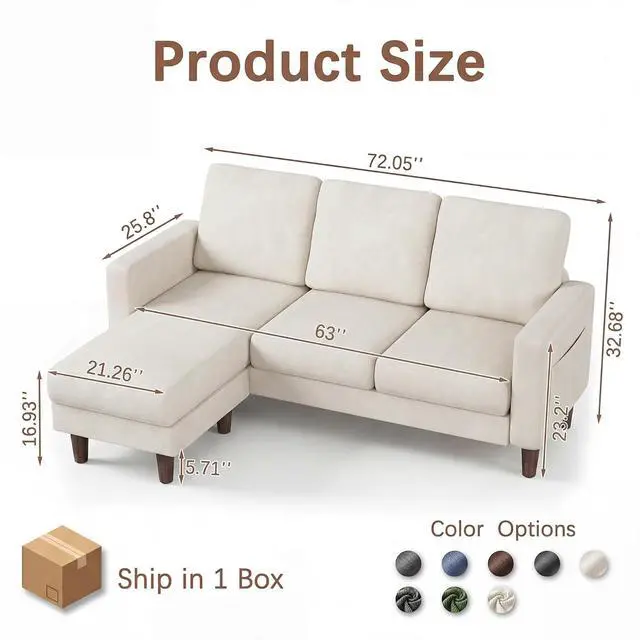 Alt view image 2 of 7 - Sectional Couch with Movable Ottoman, Convertible L Shaped Sofa with Side Storage Pocket, 3 Seater Linen Couches for Living Room, Apartment & Office (White, Linen Fabric)