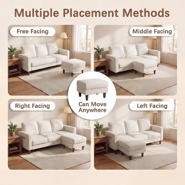 Alt view image 3 of 7 - Sectional Couch with Movable Ottoman, Convertible L Shaped Sofa with Side Storage Pocket, 3 Seater Linen Couches for Living Room, Apartment & Office (White, Linen Fabric)