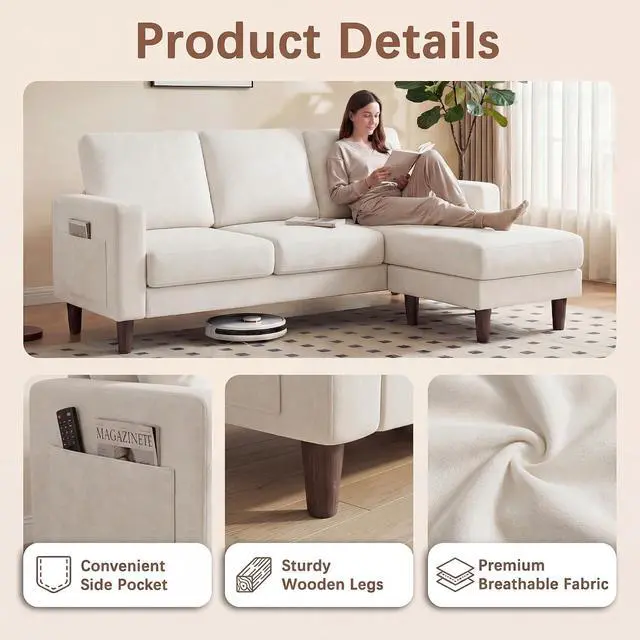 Alt view image 4 of 7 - Sectional Couch with Movable Ottoman, Convertible L Shaped Sofa with Side Storage Pocket, 3 Seater Linen Couches for Living Room, Apartment & Office (White, Linen Fabric)