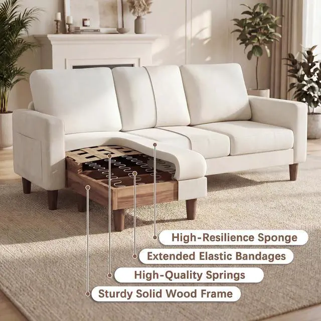 Alt view image 5 of 7 - Sectional Couch with Movable Ottoman, Convertible L Shaped Sofa with Side Storage Pocket, 3 Seater Linen Couches for Living Room, Apartment & Office (White, Linen Fabric)