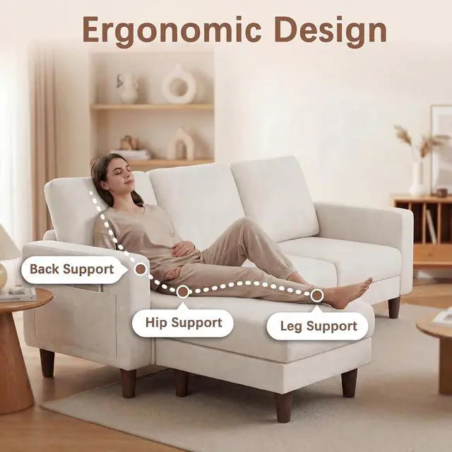 Alt view image 6 of 7 - Sectional Couch with Movable Ottoman, Convertible L Shaped Sofa with Side Storage Pocket, 3 Seater Linen Couches for Living Room, Apartment & Office (White, Linen Fabric)