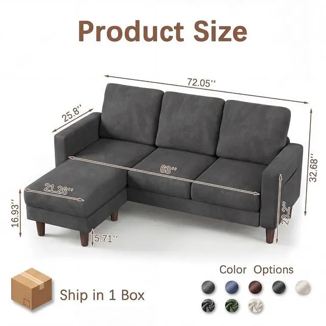 Alt view image 2 of 7 - Sectional Couch with Movable Ottoman, Convertible L Shaped Sofa with Side Storage Pocket, 3 Seater Linen Couches for Living Room, Apartment & Office (Dark Gray, Linen Fabric)