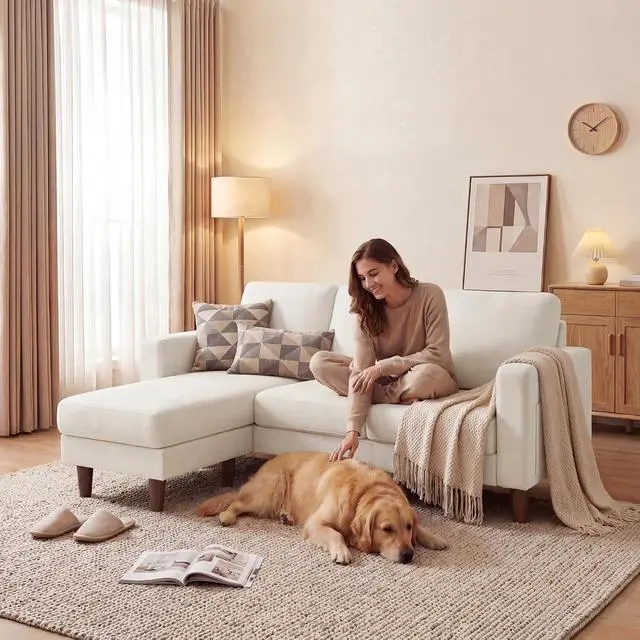 Alt view image 7 of 7 - Sectional Couch with Movable Ottoman, Convertible L Shaped Sofa with Side Storage Pocket, 3 Seater Linen Couches for Living Room, Apartment & Office (White, Linen Fabric)