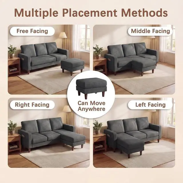 Alt view image 3 of 7 - Sectional Couch with Movable Ottoman, Convertible L Shaped Sofa with Side Storage Pocket, 3 Seater Linen Couches for Living Room, Apartment & Office (Dark Gray, Linen Fabric)