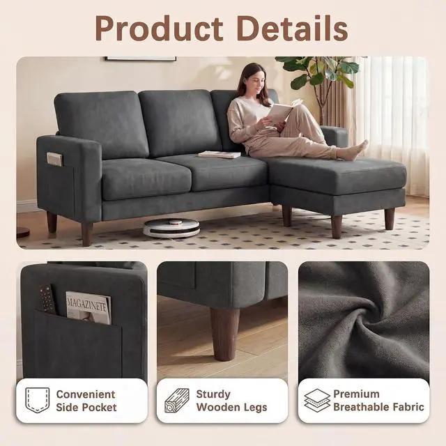 Alt view image 4 of 7 - Sectional Couch with Movable Ottoman, Convertible L Shaped Sofa with Side Storage Pocket, 3 Seater Linen Couches for Living Room, Apartment & Office (Dark Gray, Linen Fabric)