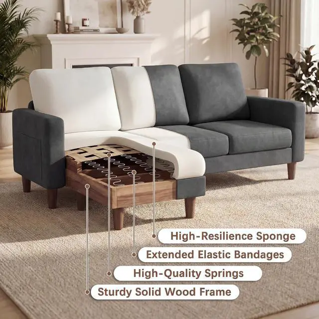 Alt view image 5 of 7 - Sectional Couch with Movable Ottoman, Convertible L Shaped Sofa with Side Storage Pocket, 3 Seater Linen Couches for Living Room, Apartment & Office (Dark Gray, Linen Fabric)