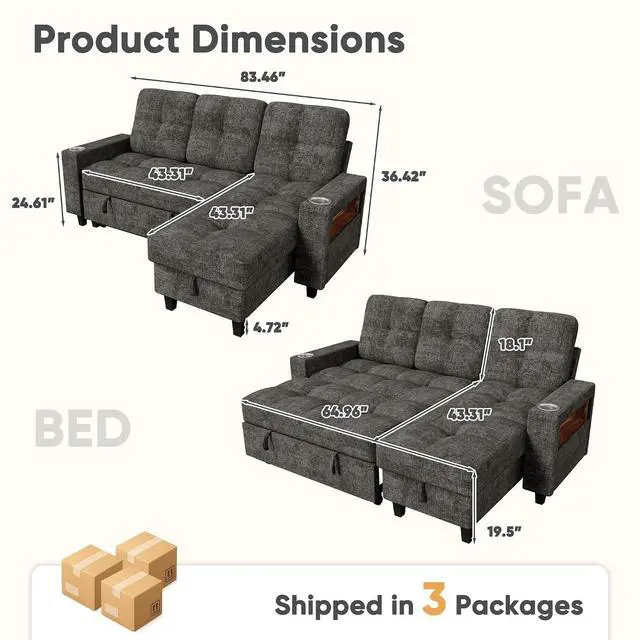 Alt view image 3 of 7 - 83'' L Shaped Convertible Sleeper Sofa Bed with Storage Chaise, Pull Out Couch with Cup Holders, USB Charging & LED Lighting, Chenille Sectional Couches for Living Room (Gray, L Shpaed)