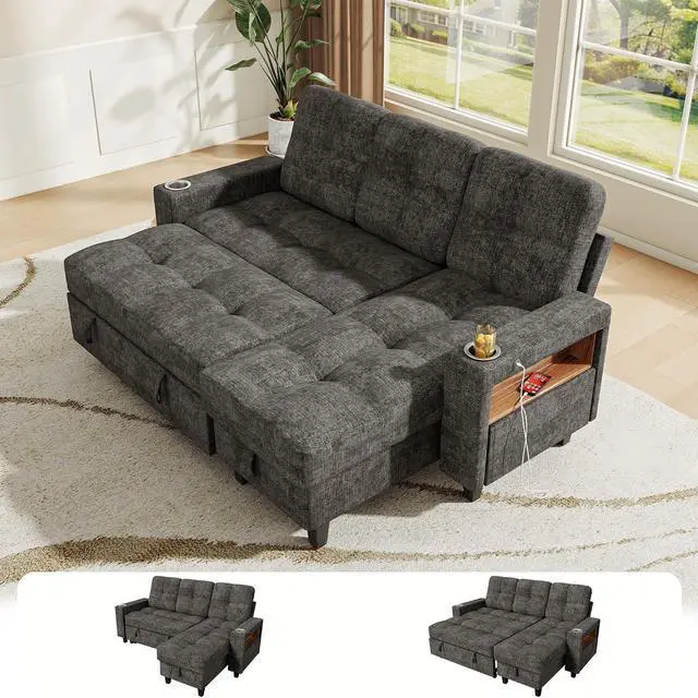 Main image of 83'' L Shaped Convertible Sleeper Sofa Bed with Storage Chaise, Pull Out Couch with Cup Holders, USB Charging & LED Lighting, Chenille Sectional Couches for Living Room (Gray, L Shpaed)