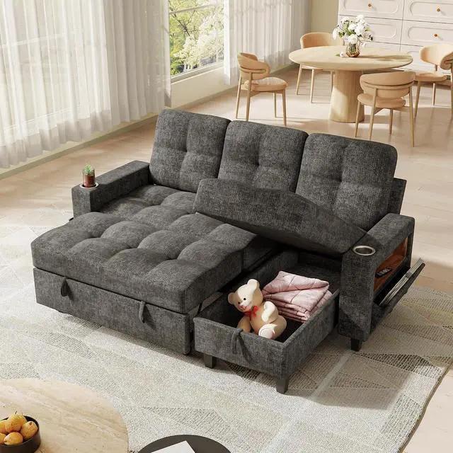 Alt view image 2 of 7 - 83'' L Shaped Convertible Sleeper Sofa Bed with Storage Chaise, Pull Out Couch with Cup Holders, USB Charging & LED Lighting, Chenille Sectional Couches for Living Room (Gray, L Shpaed)
