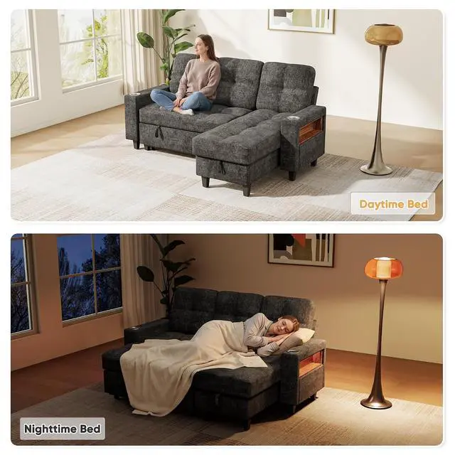 Alt view image 6 of 7 - 83'' L Shaped Convertible Sleeper Sofa Bed with Storage Chaise, Pull Out Couch with Cup Holders, USB Charging & LED Lighting, Chenille Sectional Couches for Living Room (Gray, L Shpaed)