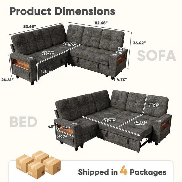 Alt view image 3 of 7 - 83'' Modular Sectional Sofa Bed with Storage Seat, V Shaped Pull Out Couch with Cup Holders, LED Lighting & USB Charging, Chenille Sectional Couches for Living Room, Apartment (Gray, V Shaped)