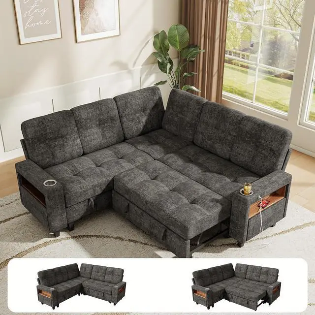 Main image of 83'' Modular Sectional Sofa Bed with Storage Seat, V Shaped Pull Out Couch with Cup Holders, LED Lighting & USB Charging, Chenille Sectional Couches for Living Room, Apartment (Gray, V Shaped)