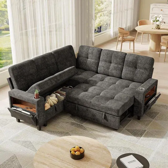 Alt view image 2 of 7 - 83'' Modular Sectional Sofa Bed with Storage Seat, V Shaped Pull Out Couch with Cup Holders, LED Lighting & USB Charging, Chenille Sectional Couches for Living Room, Apartment (Gray, V Shaped)