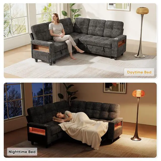 Alt view image 6 of 7 - 83'' Modular Sectional Sofa Bed with Storage Seat, V Shaped Pull Out Couch with Cup Holders, LED Lighting & USB Charging, Chenille Sectional Couches for Living Room, Apartment (Gray, V Shaped)