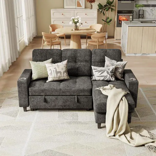 Alt view image 7 of 7 - 83'' L Shaped Convertible Sleeper Sofa Bed with Storage Chaise, Pull Out Couch with Cup Holders, USB Charging & LED Lighting, Chenille Sectional Couches for Living Room (Gray, L Shpaed)