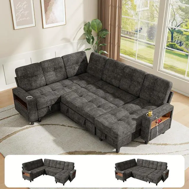 Main image of 107'' U Shpaed Modular Sectional Sofa Bed with Cup Holder, Pull Out Couch with Storage Seat, USB Charging & LED Lighting, Comfy Chenille Couches for Living Room & Apartment (Gray, U Shaped)