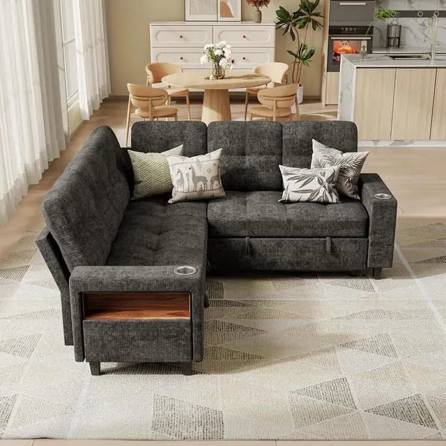 Alt view image 7 of 7 - 83'' Modular Sectional Sofa Bed with Storage Seat, V Shaped Pull Out Couch with Cup Holders, LED Lighting & USB Charging, Chenille Sectional Couches for Living Room, Apartment (Gray, V Shaped)