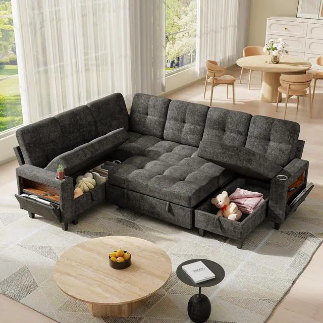 Alt view image 2 of 7 - 107'' U Shpaed Modular Sectional Sofa Bed with Cup Holder, Pull Out Couch with Storage Seat, USB Charging & LED Lighting, Comfy Chenille Couches for Living Room & Apartment (Gray, U Shaped)