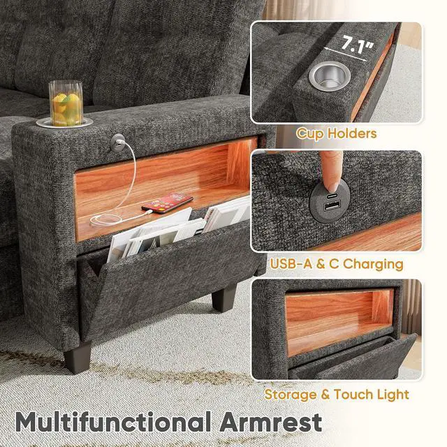 Alt view image 5 of 7 - 107'' U Shpaed Modular Sectional Sofa Bed with Cup Holder, Pull Out Couch with Storage Seat, USB Charging & LED Lighting, Comfy Chenille Couches for Living Room & Apartment (Gray, U Shaped)