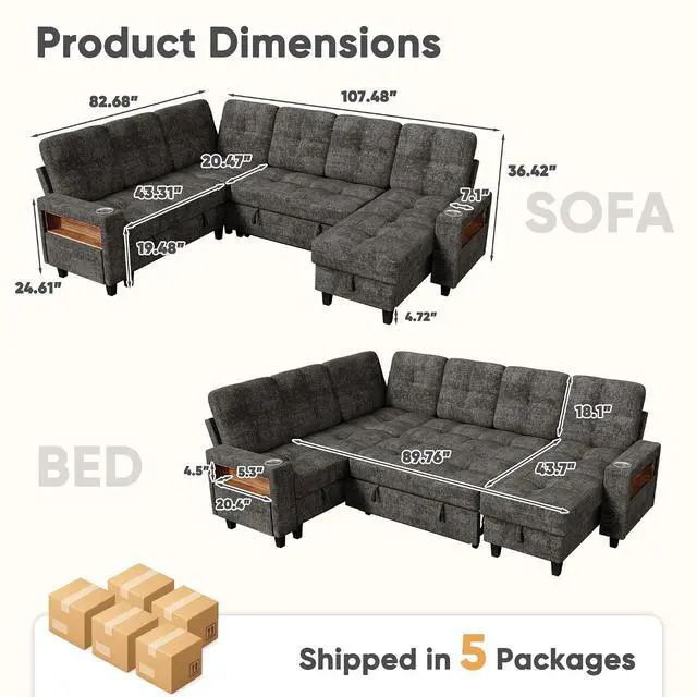 Alt view image 3 of 7 - 107'' U Shpaed Modular Sectional Sofa Bed with Cup Holder, Pull Out Couch with Storage Seat, USB Charging & LED Lighting, Comfy Chenille Couches for Living Room & Apartment (Gray, U Shaped)
