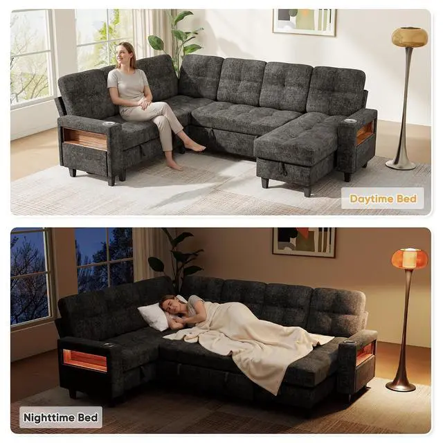 Alt view image 6 of 7 - 107'' U Shpaed Modular Sectional Sofa Bed with Cup Holder, Pull Out Couch with Storage Seat, USB Charging & LED Lighting, Comfy Chenille Couches for Living Room & Apartment (Gray, U Shaped)