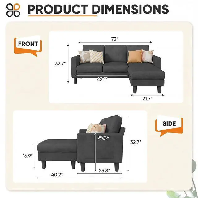 Alt view image 2 of 7 - L Shape Sectional Sofa Couch, 3 Seat Convertible Sofa with Movable Ottoman and Side Storage Pockage, Modern Sofa Small Couches for Living Room & Apartment and Small Space (Linen, Deep Grey)