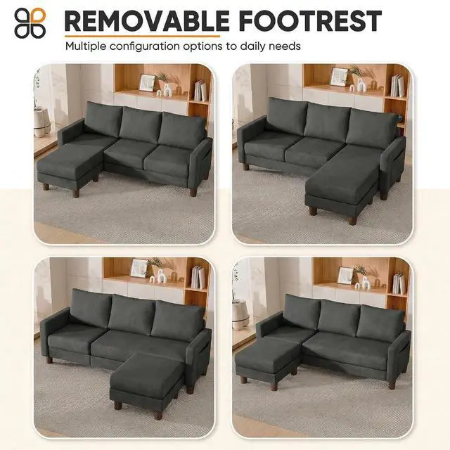 Alt view image 3 of 7 - L Shape Sectional Sofa Couch, 3 Seat Convertible Sofa with Movable Ottoman and Side Storage Pockage, Modern Sofa Small Couches for Living Room & Apartment and Small Space (Linen, Deep Grey)