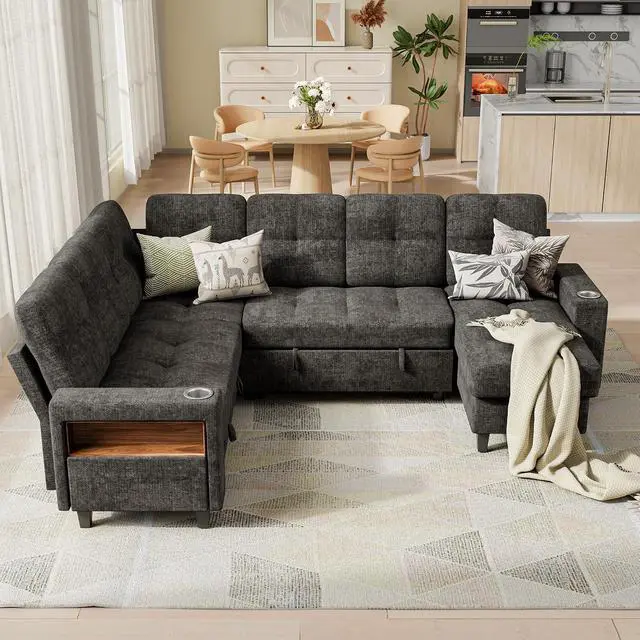 Alt view image 7 of 7 - 107'' U Shpaed Modular Sectional Sofa Bed with Cup Holder, Pull Out Couch with Storage Seat, USB Charging & LED Lighting, Comfy Chenille Couches for Living Room & Apartment (Gray, U Shaped)