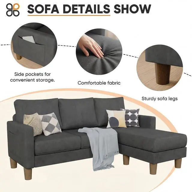 Alt view image 4 of 7 - L Shape Sectional Sofa Couch, 3 Seat Convertible Sofa with Movable Ottoman and Side Storage Pockage, Modern Sofa Small Couches for Living Room & Apartment and Small Space (Linen, Deep Grey)