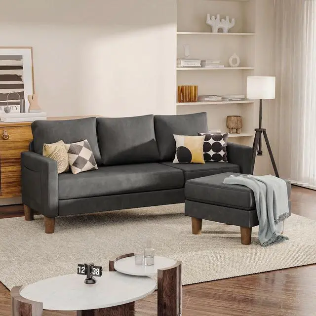 Alt view image 7 of 7 - L Shape Sectional Sofa Couch, 3 Seat Convertible Sofa with Movable Ottoman and Side Storage Pockage, Modern Sofa Small Couches for Living Room & Apartment and Small Space (Linen, Deep Grey)