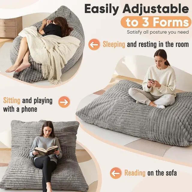 Alt view image 4 of 7 - Convertible Bean Bag Chair, Giant Bean Bag Chairs for Adults with Removable Washable Cover, Lazy Sofa for Living Room, Dorm, Apartment (Grey)