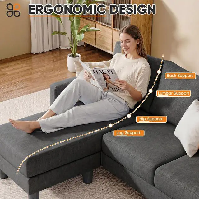 Alt view image 6 of 7 - L Shape Sectional Sofa Couch, 3 Seat Convertible Sofa with Movable Ottoman and Side Storage Pockage, Modern Sofa Small Couches for Living Room & Apartment and Small Space (Linen, Deep Grey)