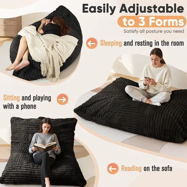 Alt view image 4 of 7 - Convertible Bean Bag Chair, Giant Bean Bag Chairs for Adults with Removable Washable Cover, Lazy Sofa for Living Room, Dorm, Apartment (Black)