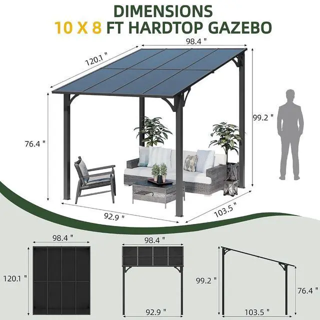 Alt view image 3 of 7 - 10 x 8 Lean to Gazebo, Outdoor Gazebos Pergola on Clearance with Aluminum Top Frame, Wall-Mounted Awnings for Patio, Decks, Backyard