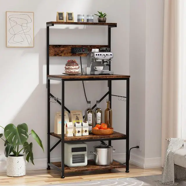 Alt view image 3 of 5 - Microwave Stand,Kitchen Bakers Rack with 6 Hooks, 4-Tier Coffee Bar Microwave Rack (Rustic Brown)