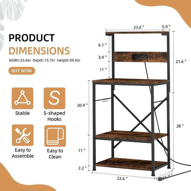 Alt view image 2 of 5 - Microwave Stand,Kitchen Bakers Rack with 6 Hooks, 4-Tier Coffee Bar Microwave Rack (Rustic Brown)