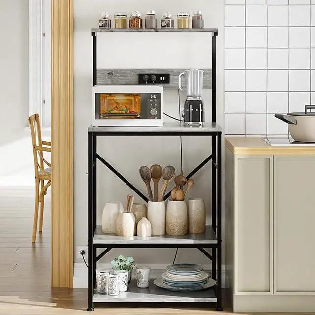 Main image of Microwave Stand,Kitchen Bakers Rack with 6 Hooks, 4-Tier Coffee Bar Microwave Rack (Gray)