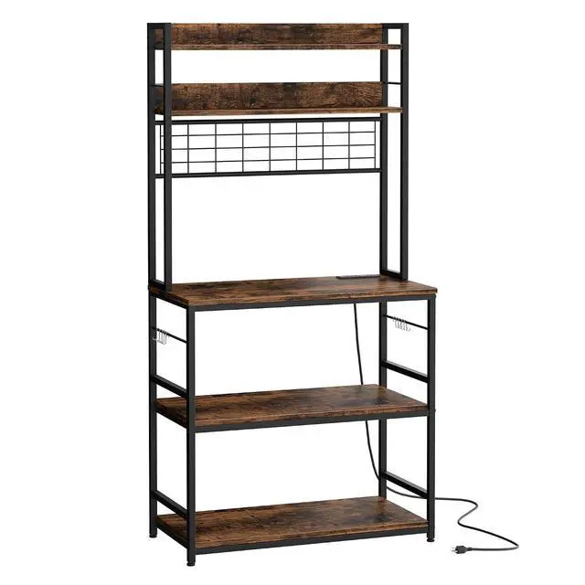 Alt view image 4 of 4 - Kitchen Bakers Rack,Kitchen Racks with Storage Cabinet, 5-Tier with 10 Hooks and Metal Wire Panel (Rustic Brown)