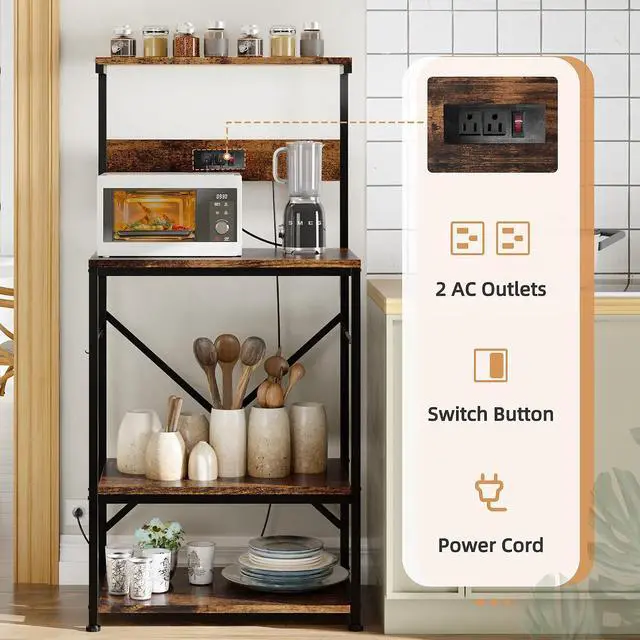 Alt view image 4 of 5 - Microwave Stand,Kitchen Bakers Rack with 6 Hooks, 4-Tier Coffee Bar Microwave Rack (Rustic Brown)