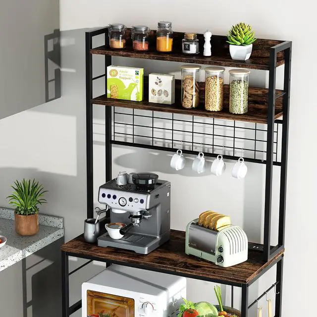 Alt view image 2 of 4 - Kitchen Bakers Rack,Kitchen Racks with Storage Cabinet, 5-Tier with 10 Hooks and Metal Wire Panel (Rustic Brown)