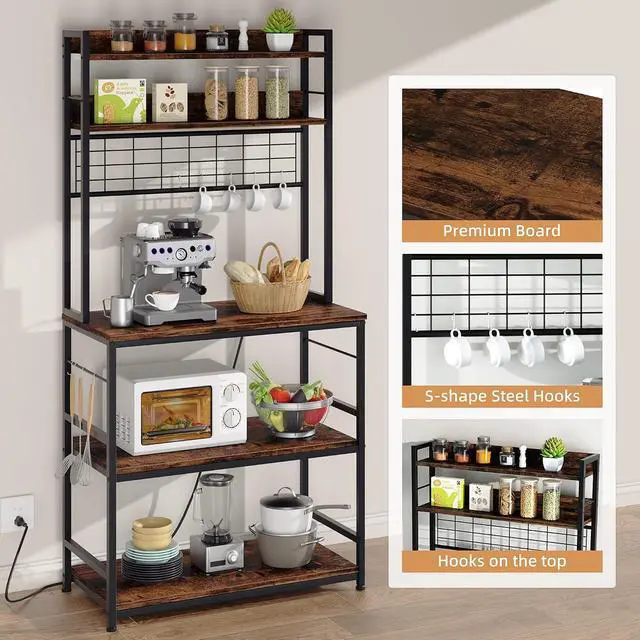 Alt view image 3 of 4 - Kitchen Bakers Rack,Kitchen Racks with Storage Cabinet, 5-Tier with 10 Hooks and Metal Wire Panel (Rustic Brown)