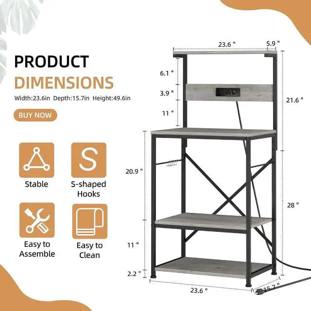 Alt view image 2 of 5 - Microwave Stand,Kitchen Bakers Rack with 6 Hooks, 4-Tier Coffee Bar Microwave Rack (Gray)